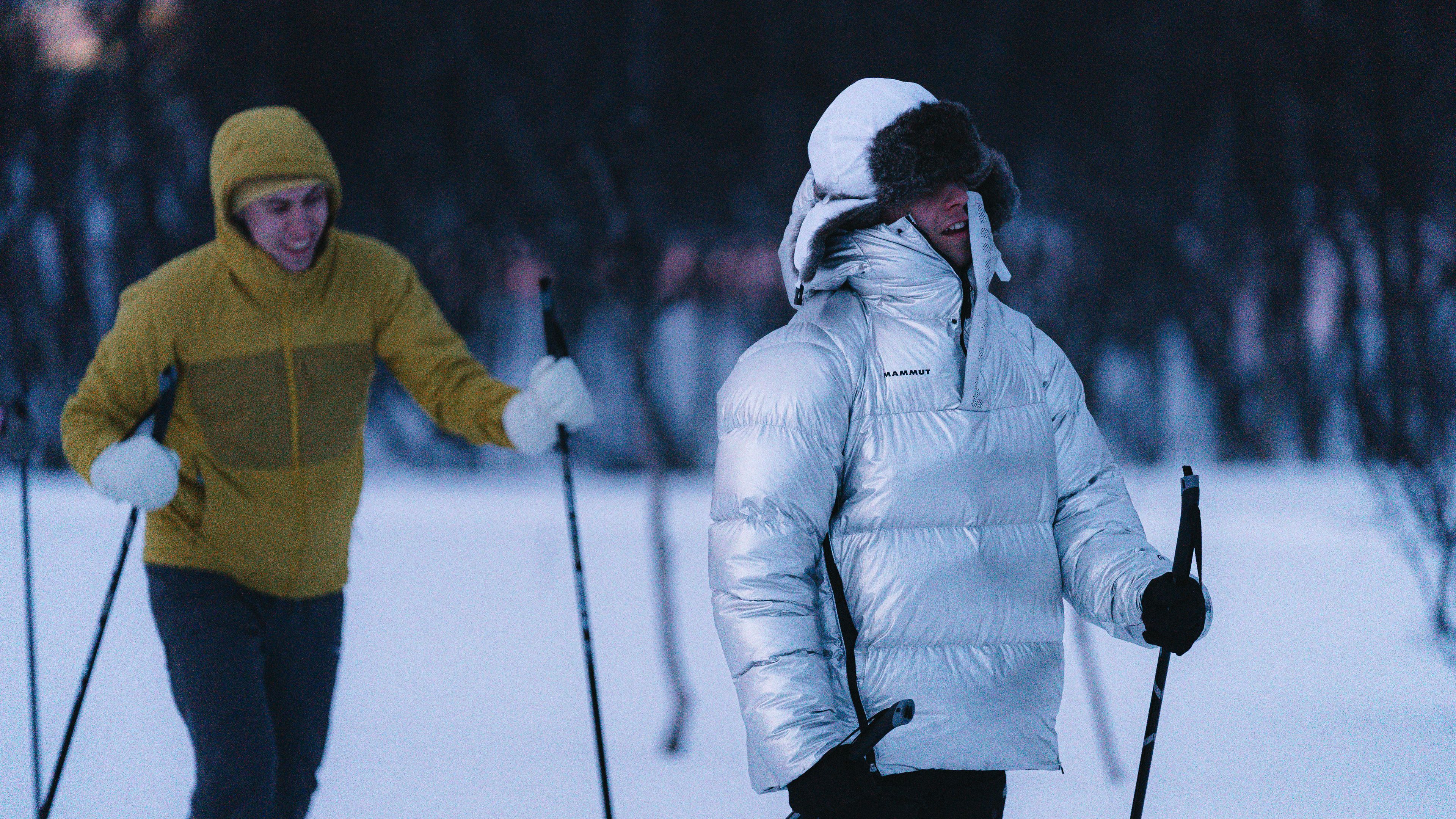 Two friends having fun in the arctic on skis