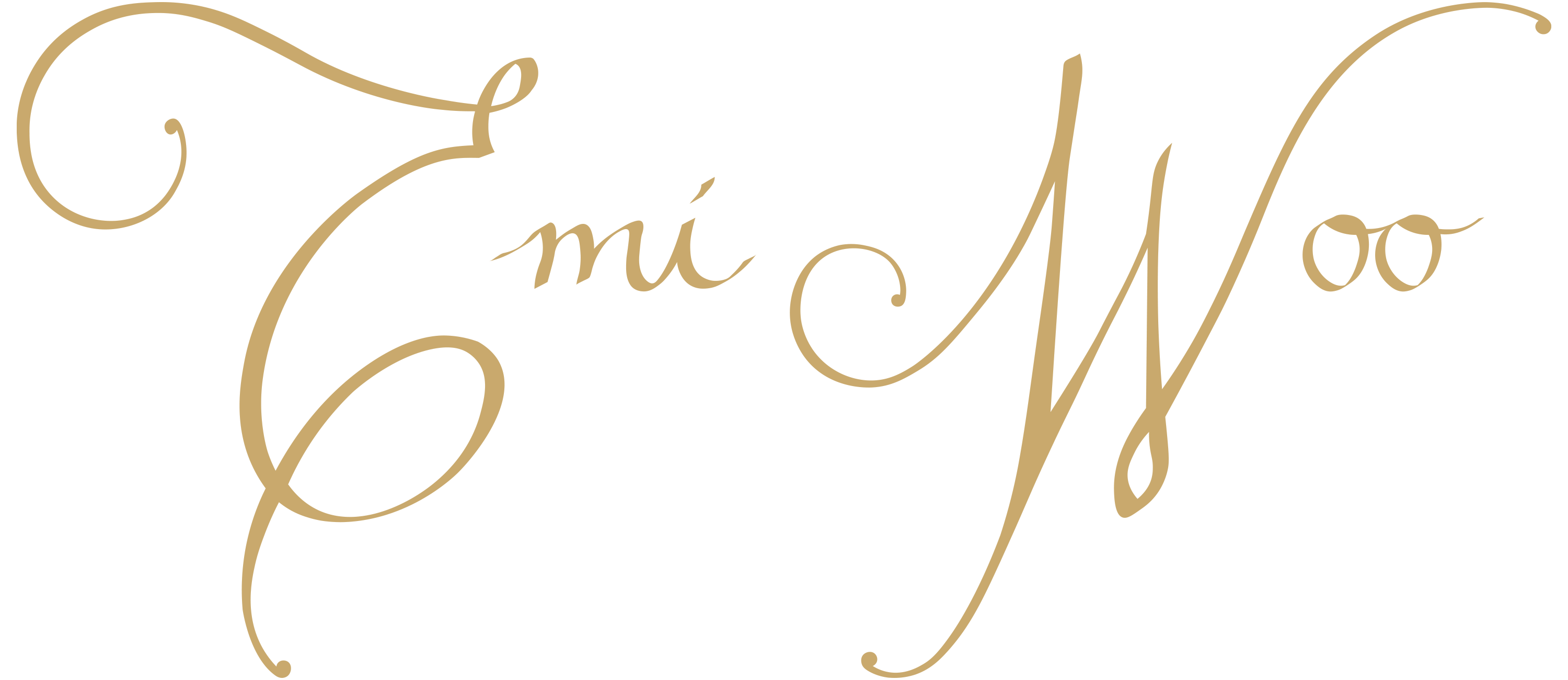 Emi Woo — the house's wordmark, handwritten in flowing champagne-gold calligraphy with ornate capital E and W