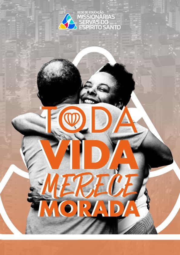 Arte do tema “Toda vida merece morada” com duas pessoas se abraçando e o logotipo da Rede Missionárias