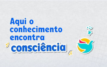 Arte com a frase “Aqui o conhecimento encontra consciência” e o símbolo da Rede Missionárias
