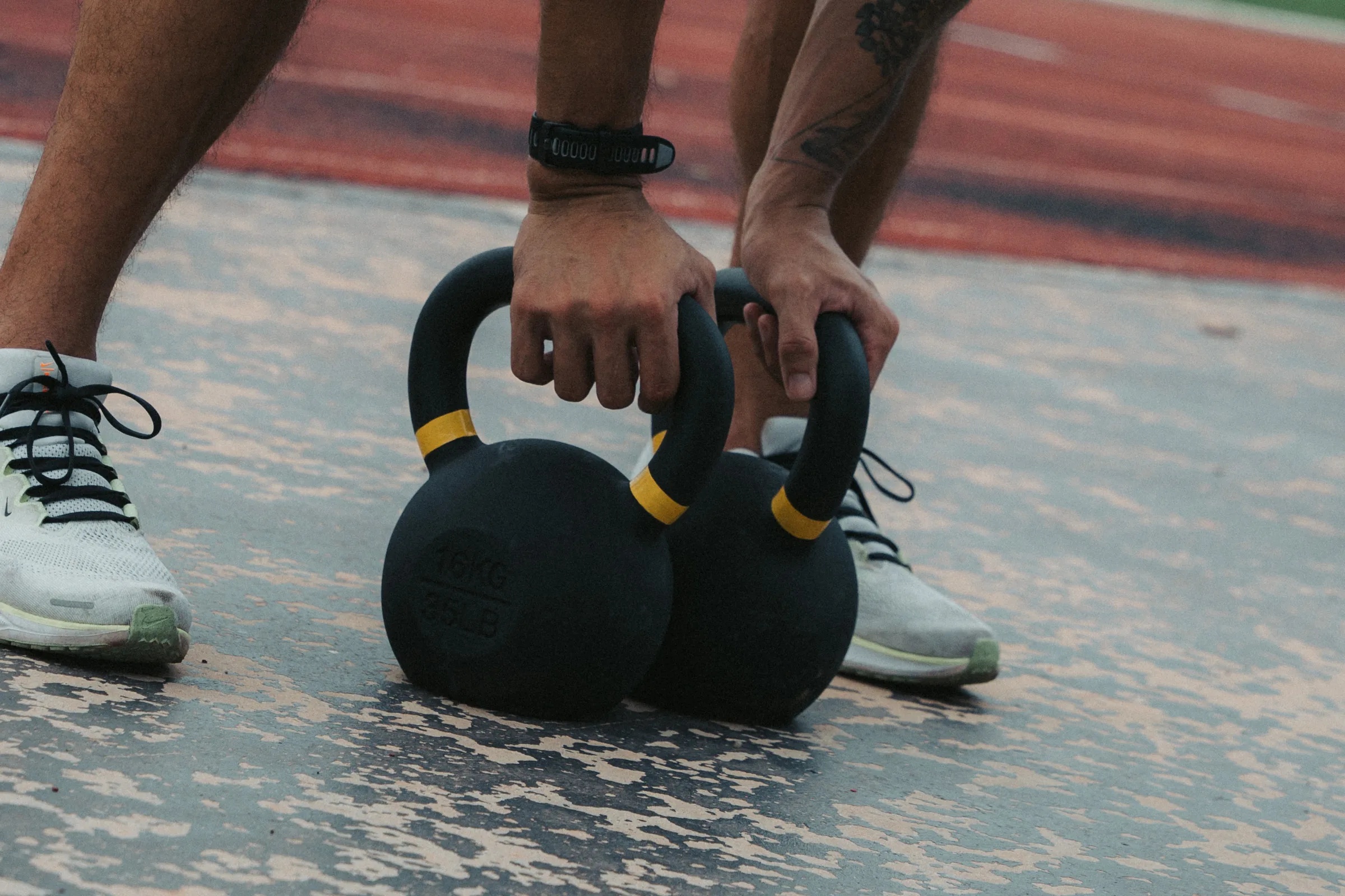 A close-up of a kettlebell mid-session