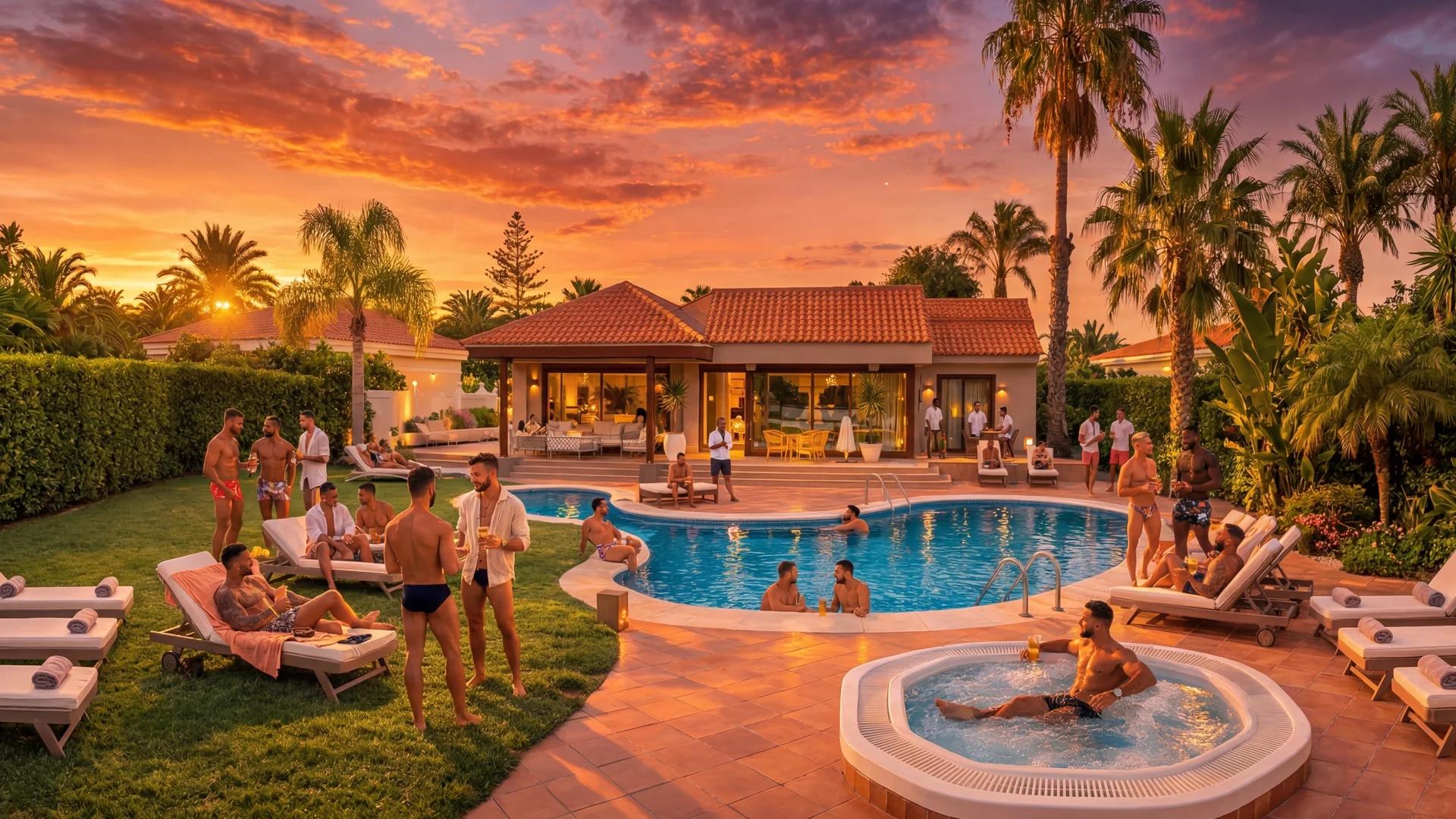 Socios relajándose y bañándose junto a la piscina de The Villa en Maspalomas en una tarde soleada: agua cristalina, terraza y palmeras al fondo.