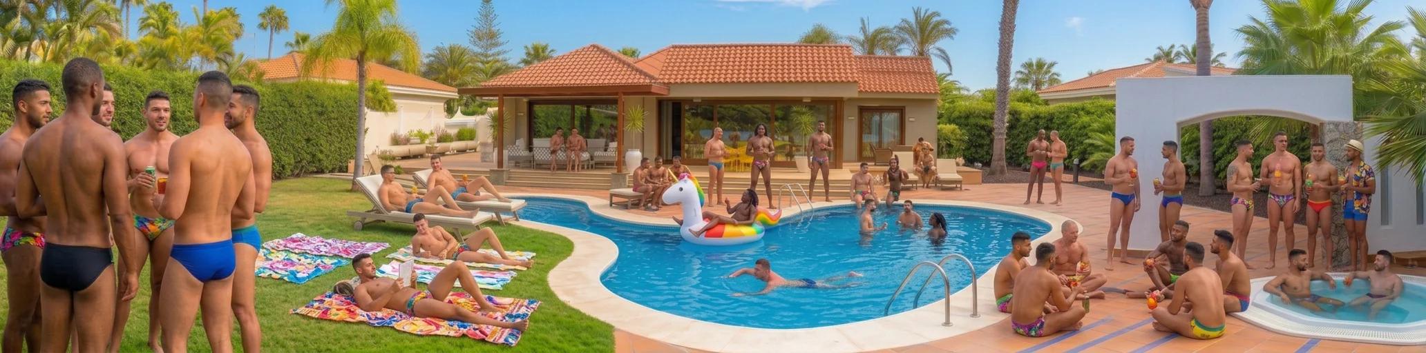 Pool party at a villa with Mediterranean architecture, guests swimming and lounging by the pool with colorful inflatables