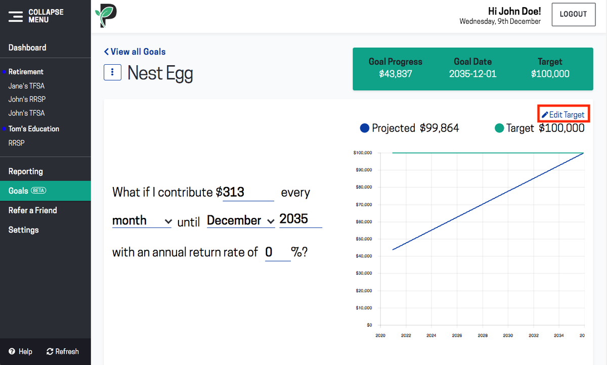 Image of edit goal target in Passiv