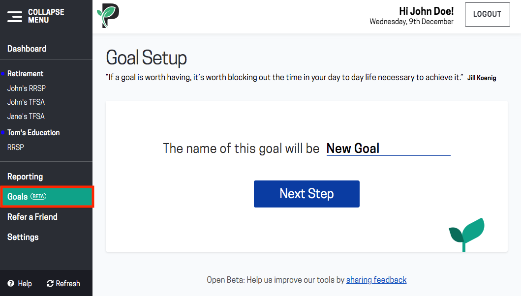 Image of goal tab in Passiv
