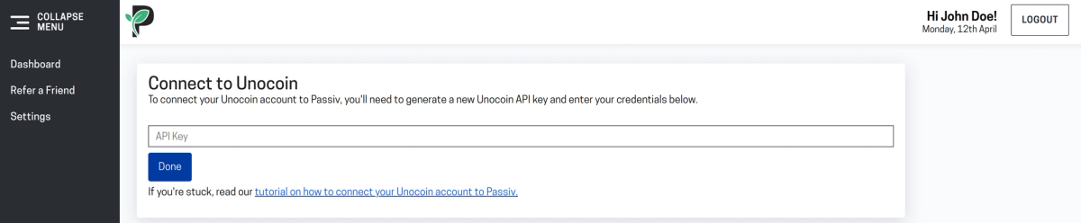 The Passiv Unocoin connection screen