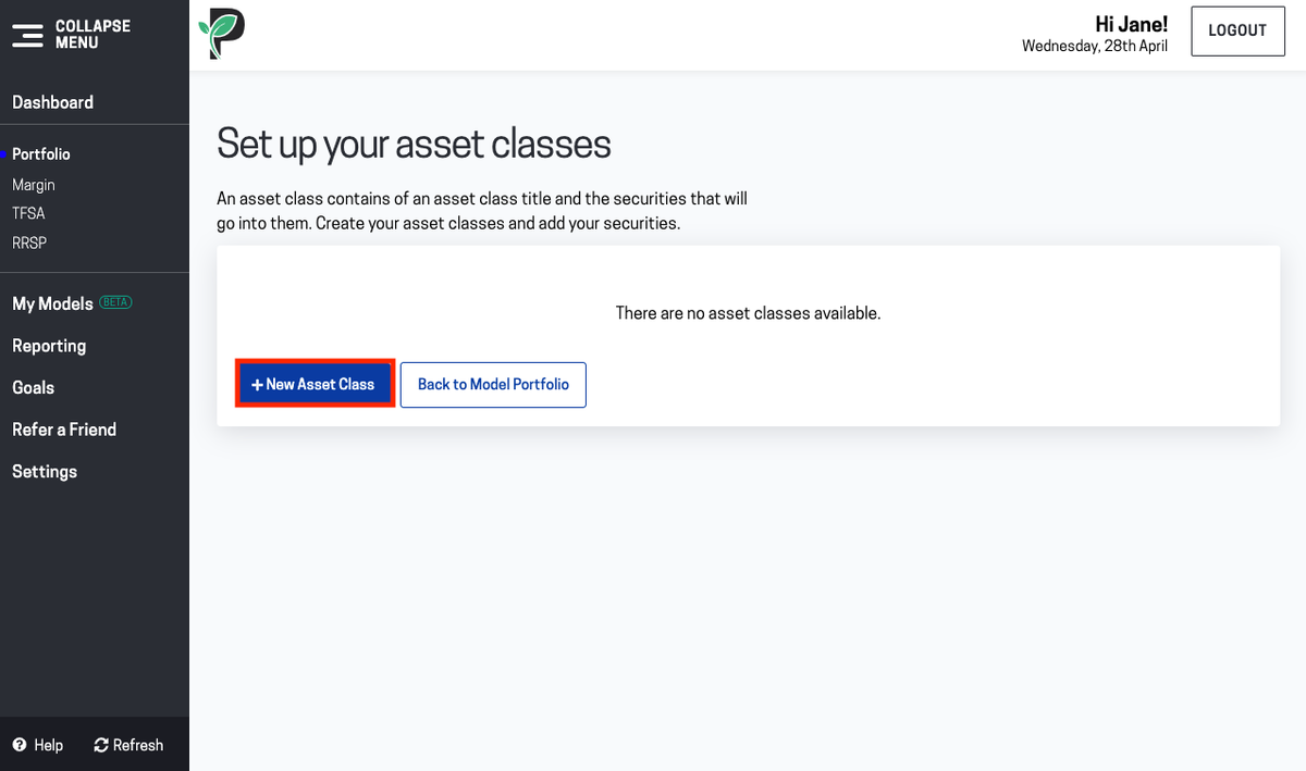 Image of add new asset class in Passiv