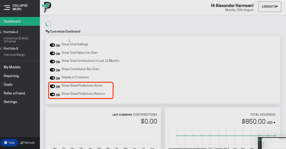 Image of Passiv dashboard customizations with toggles on