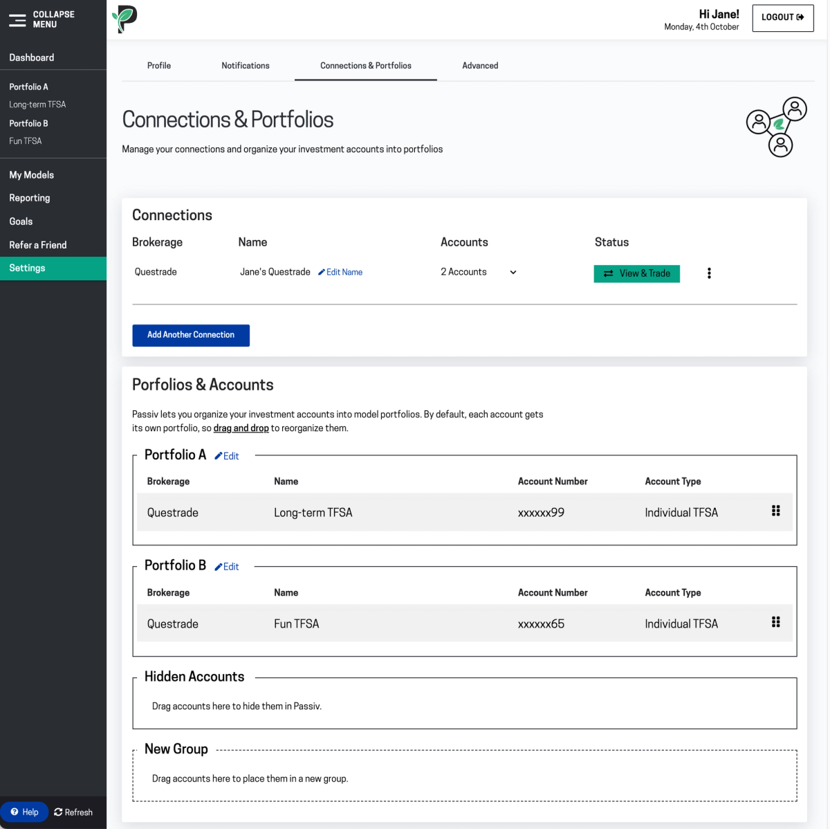 Image of edit account groups in Passiv