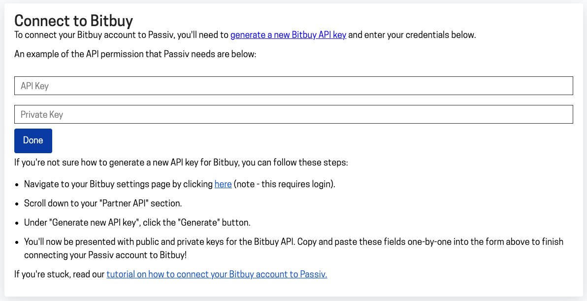 Bitbuy connection prompt in Passiv