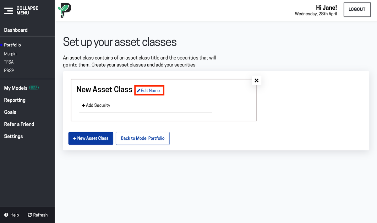 Image of edit asset class name in Passiv