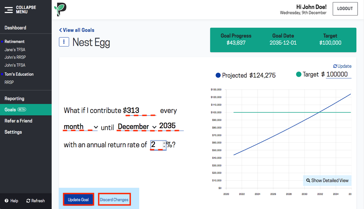 Image of update goal in Passiv