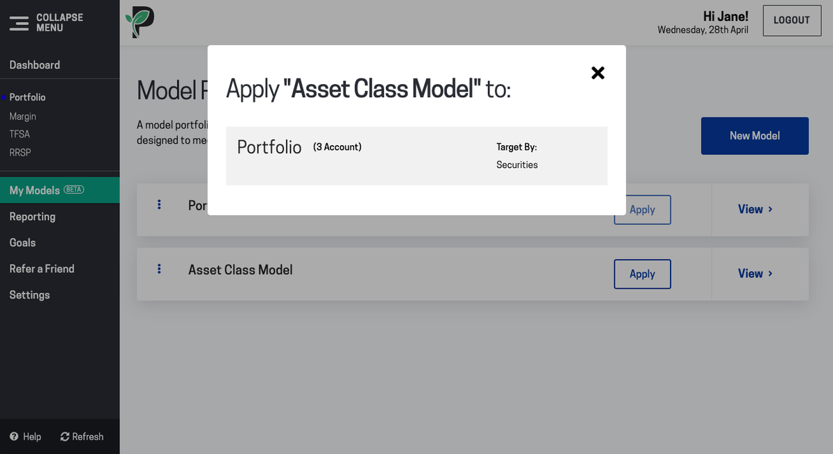 Image of choose portfolio to apply model in Passiv