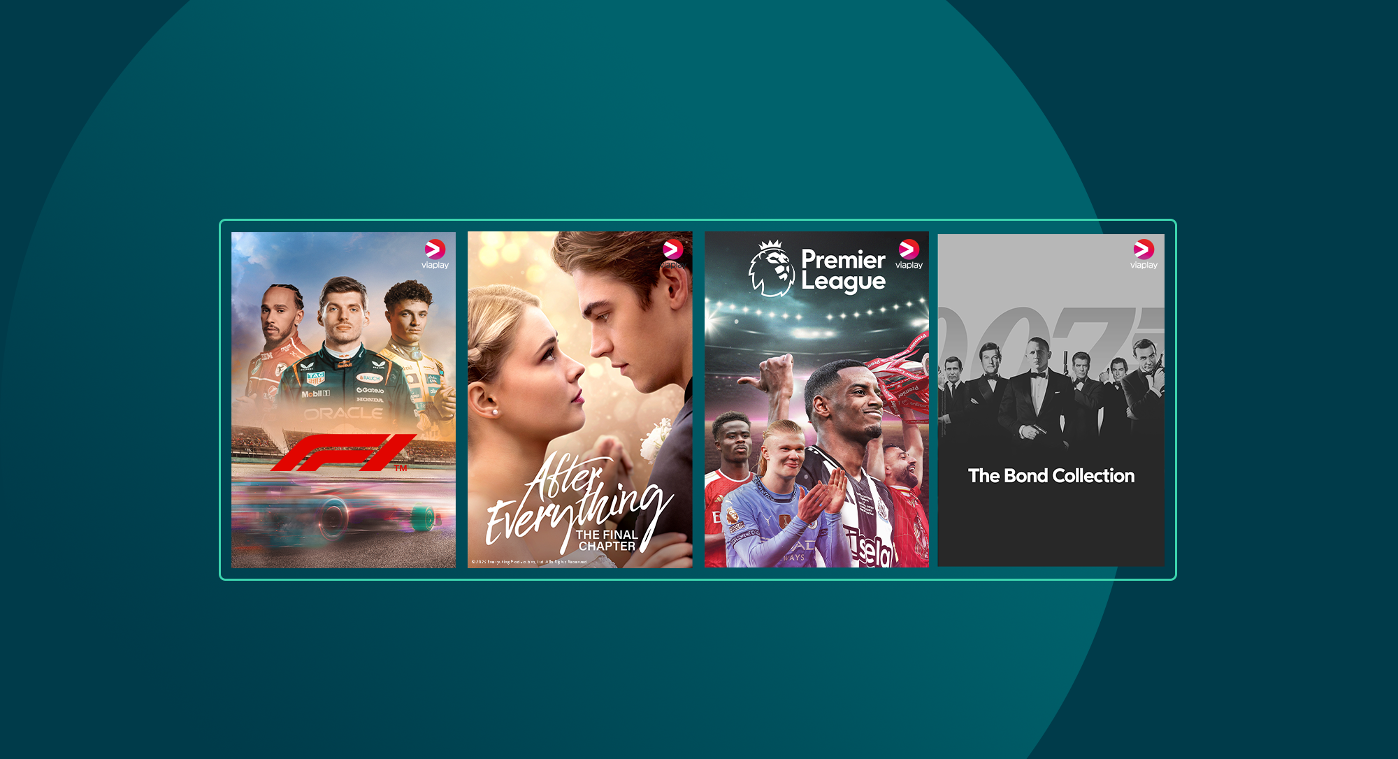 Formel 1, After Everything, Premier League och The Bond Collection, som är sport och underhållning du kan se på Viaplay.