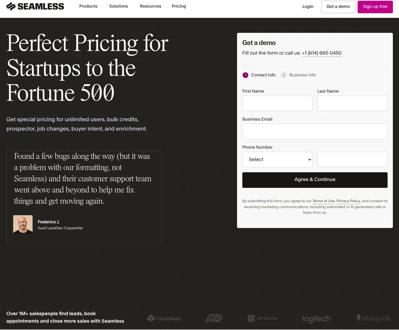 Seamless.AI pricing link opening a Get a demo pricing-inquiry form with no plan prices.