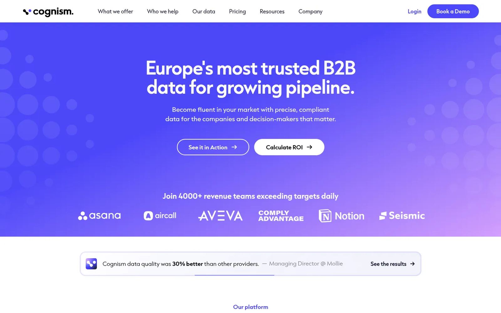 Cognism homepage headline about Europe's most trusted data, above customer logos from Asana, Aircall and Notion