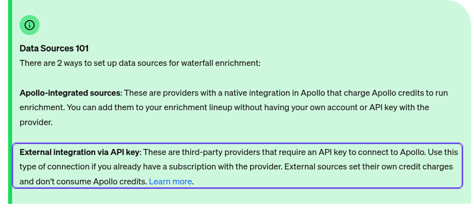 Apollo's Data Sources 101 help panel describing Apollo-integrated sources and external API key integrations, with the external route highlighted