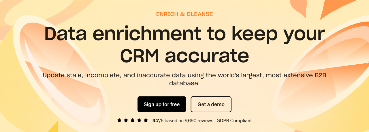 Apollo's Enrich product page with the headline Data enrichment to keep your CRM accurate.