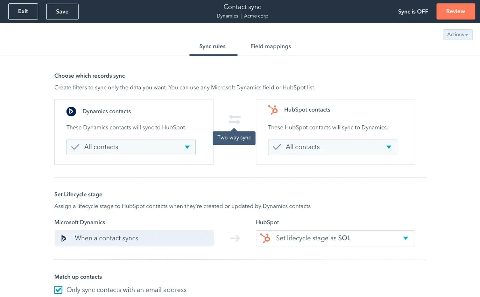 HubSpot data sync settings for a Microsoft Dynamics connection, with sync rules, lifecycle stage mapping and an option to only sync contacts with an email address.