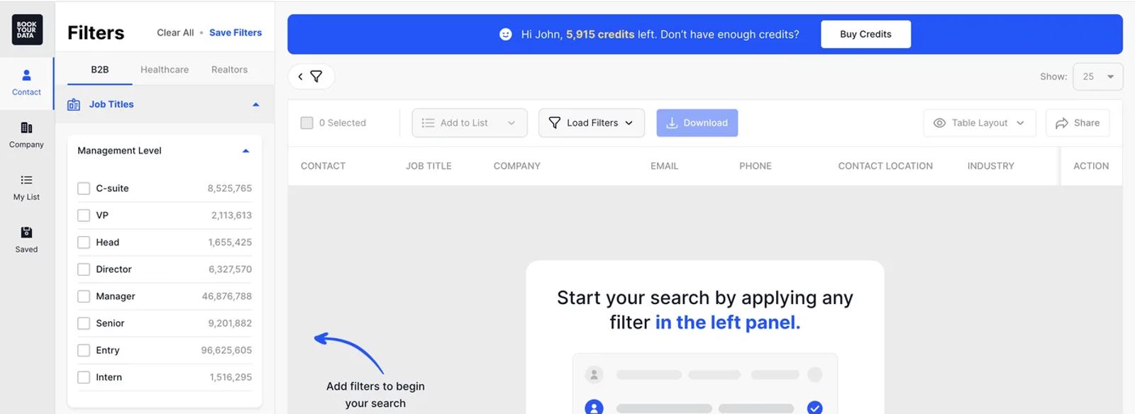 BookYourData filter panel with B2B, Healthcare and Realtors tabs, listing contact counts per management level from C-suite to intern before any search runs.