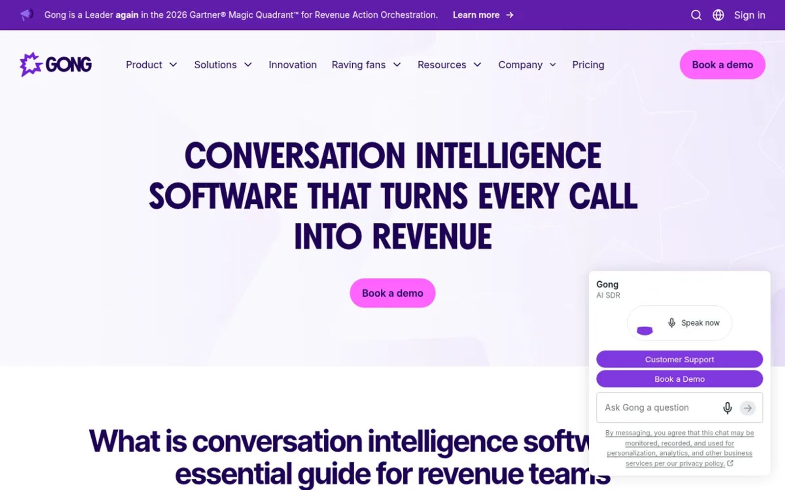 The hero section of Gong's conversation intelligence page on gong.io.