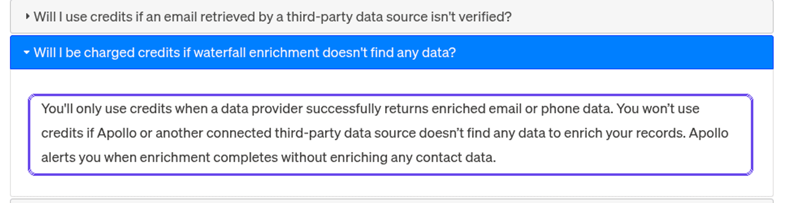 Apollo help center FAQ answering that no credits are used when waterfall enrichment finds no data