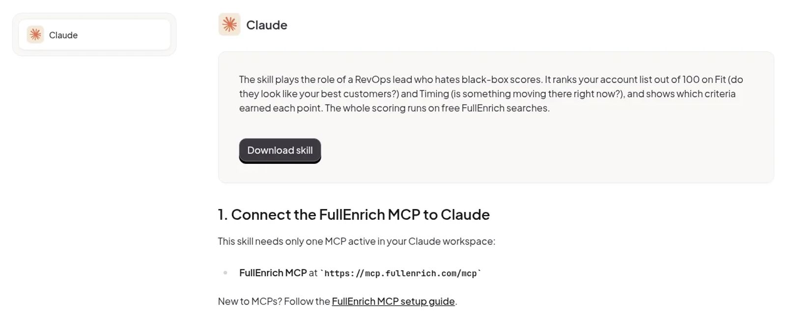 Score Accounts template page for Claude, a skill that ranks accounts out of 100 on Fit and Timing using free FullEnrich searches.