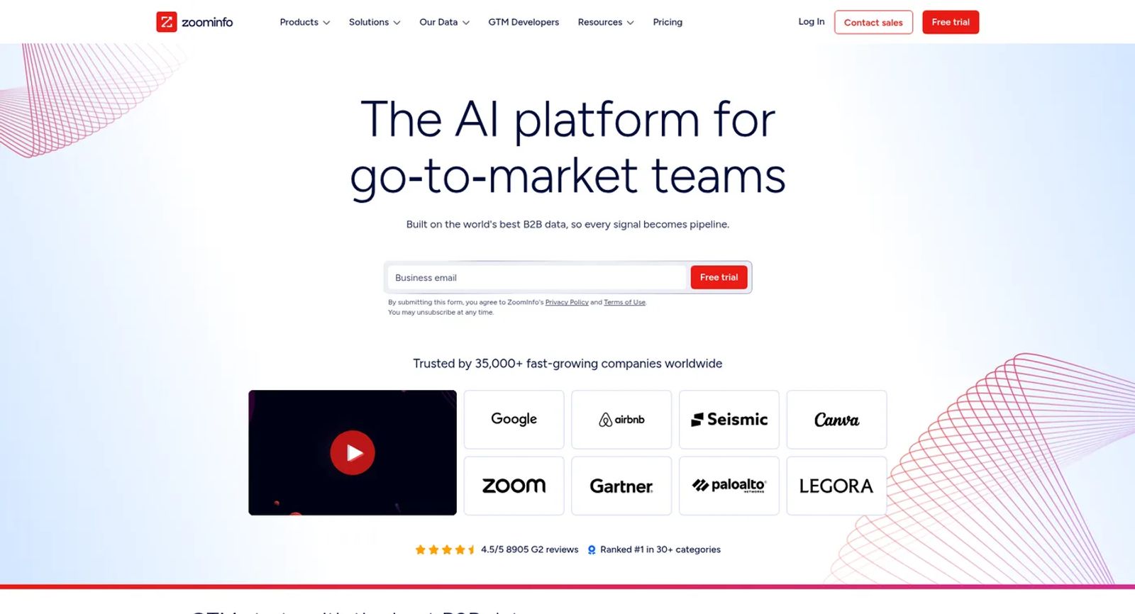 ZoomInfo homepage reading The AI platform for go-to-market teams, with a business email field, a Free trial button and a grid of customer logos.