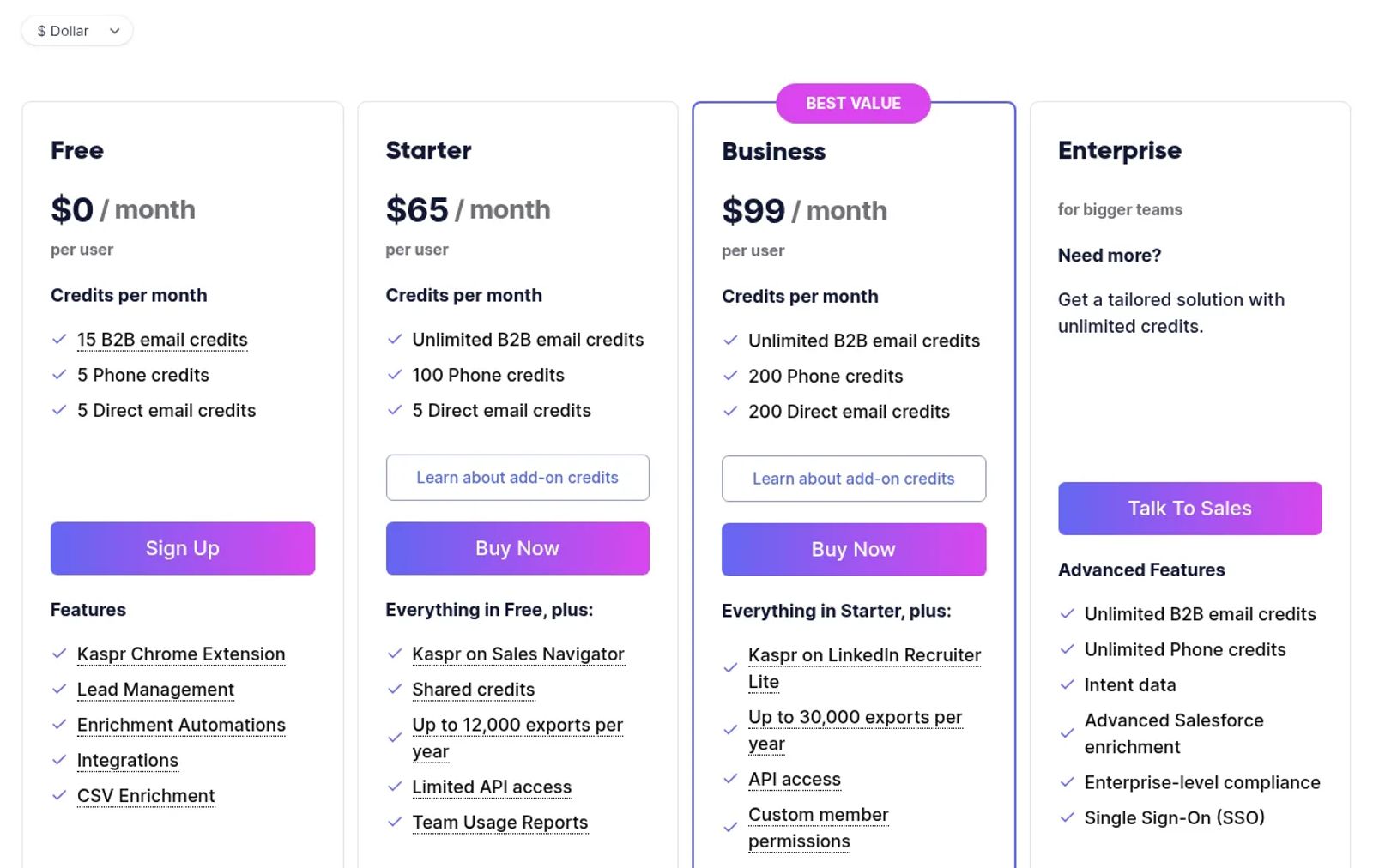 Kaspr's plan cards in dollars with monthly billing selected: $0 Free, $65 Starter, $99 Business per user, plus a custom-priced Enterprise card.