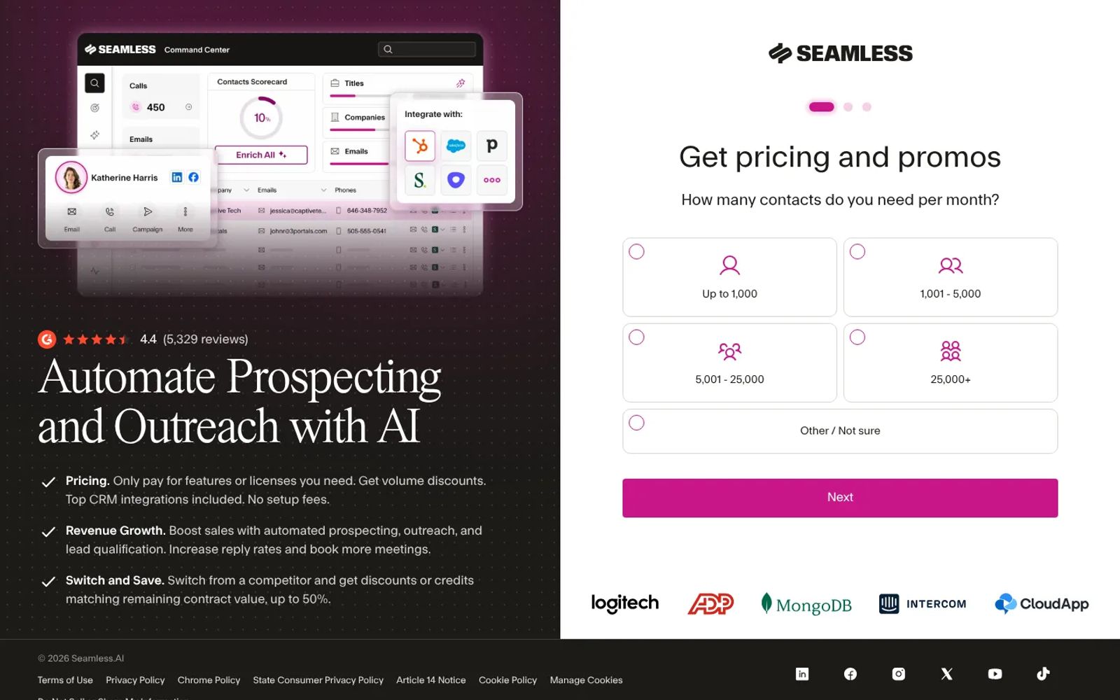 Seamless.AI pricing inquiry form asking how many contacts you need per month, with options from up to 1,000 to 25,000+