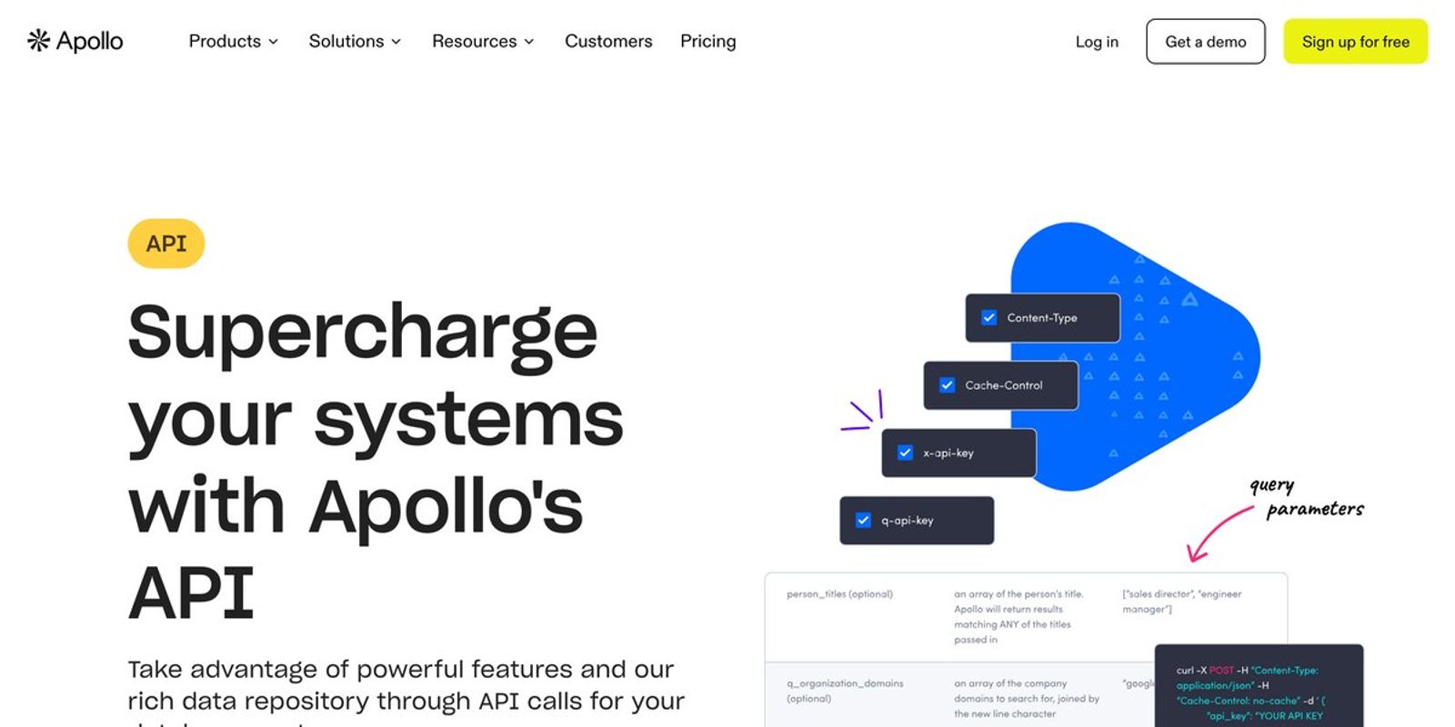 Apollo's API product page shows an API label and a headline about Apollo's API next to an illustration of request headers, query parameters and a curl example.