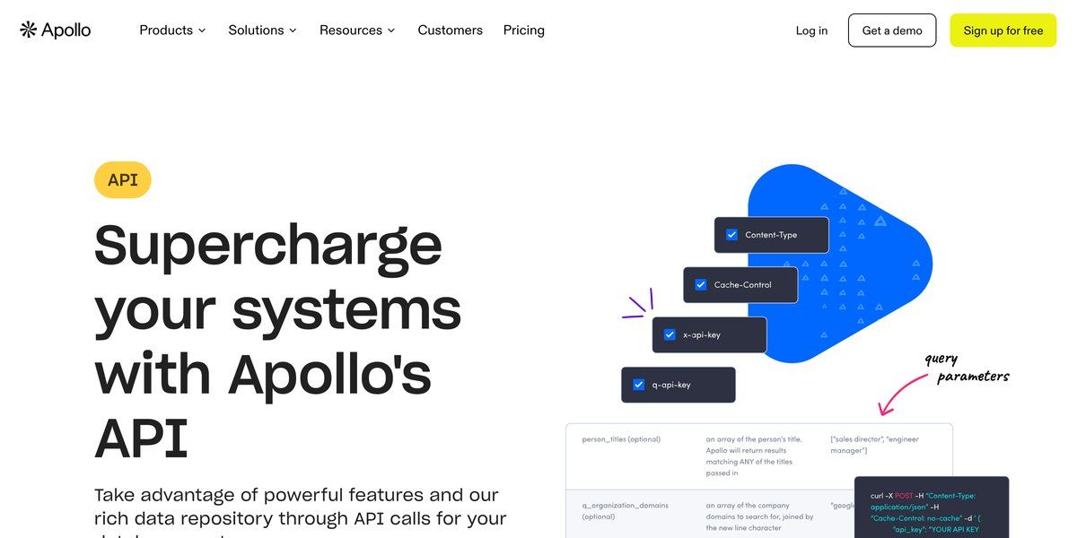 Apollo's API product page shows an API label and a headline about Apollo's API next to an illustration of request headers, query parameters and a curl example.