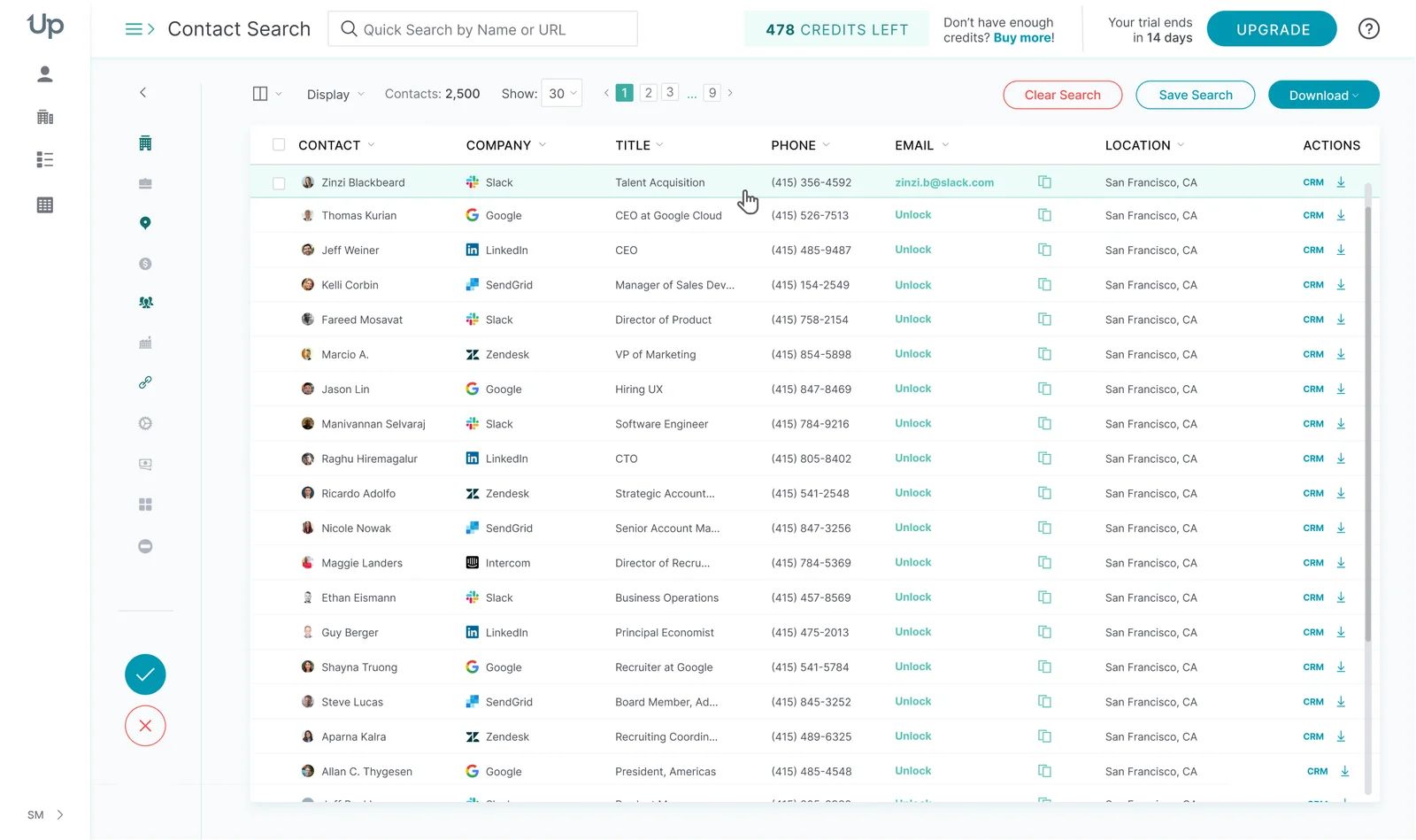 UpLead Contact Search table with a credit counter.