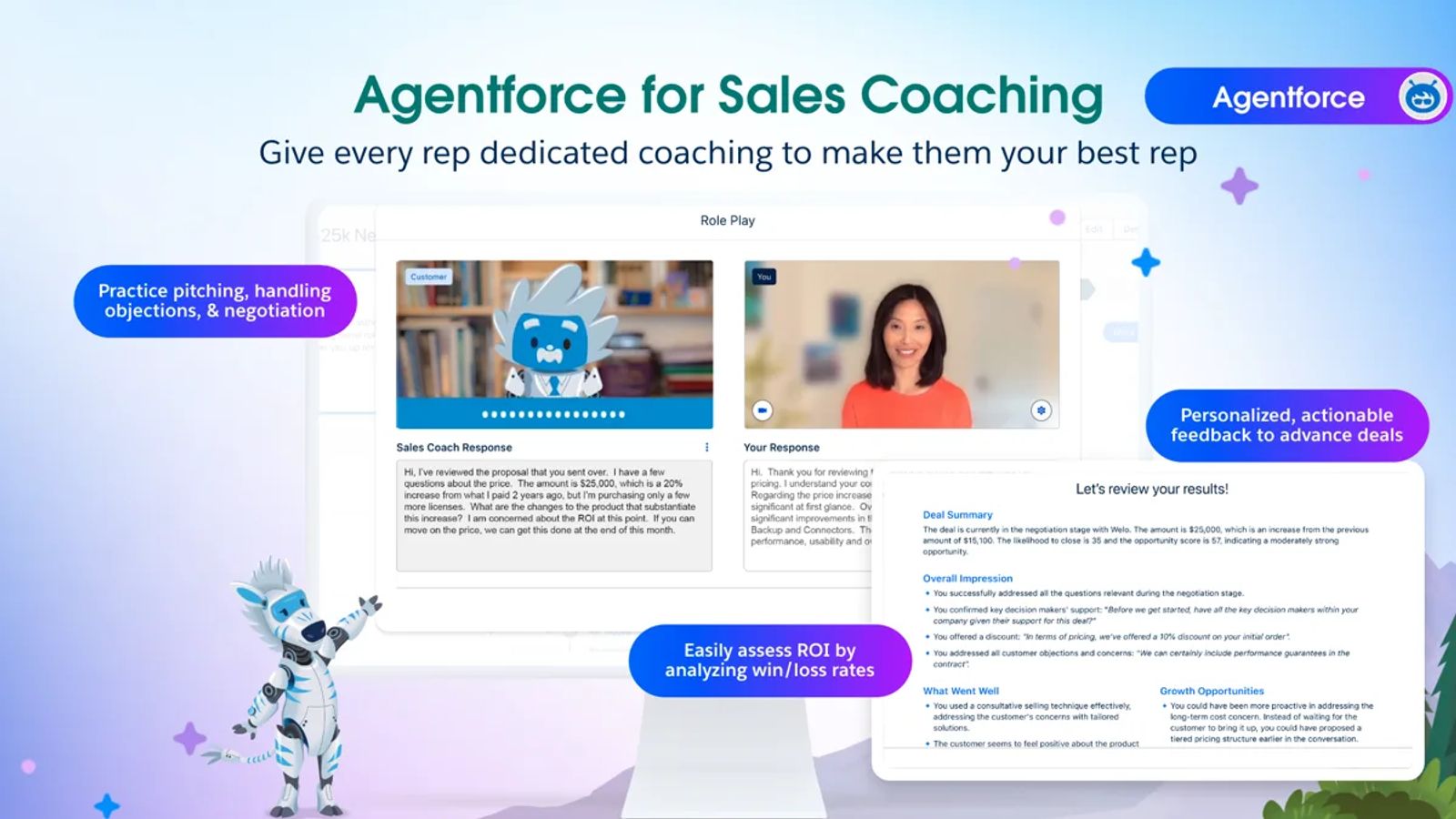 Salesforce Agentforce for Sales coaching screen showing feedback on a rep's sales role play.