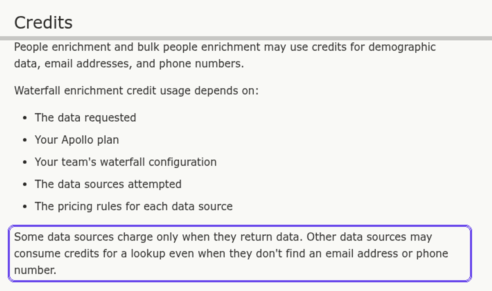 Apollo developer docs credits section stating some data sources may consume credits for a lookup even when they find nothing
