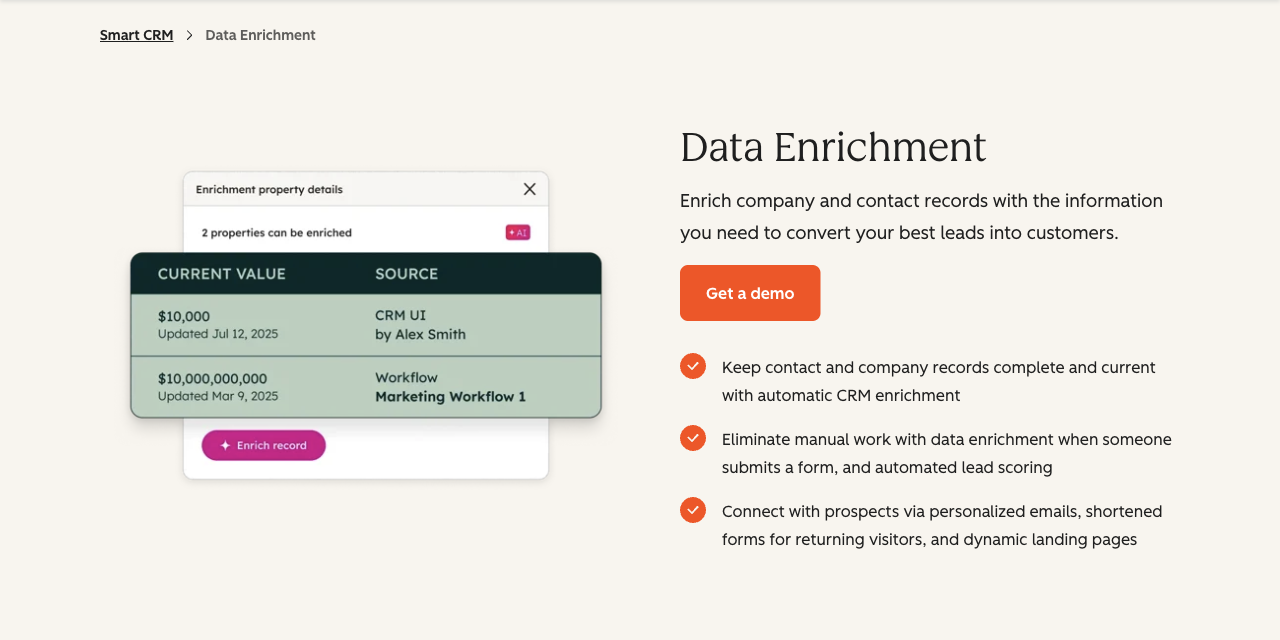 HubSpot's Data Enrichment product page, with the headline "Data Enrichment", the subhead "Enrich company and contact records with the information you need to convert your best leads into customers.", and three checkmarked benefit lines below it.