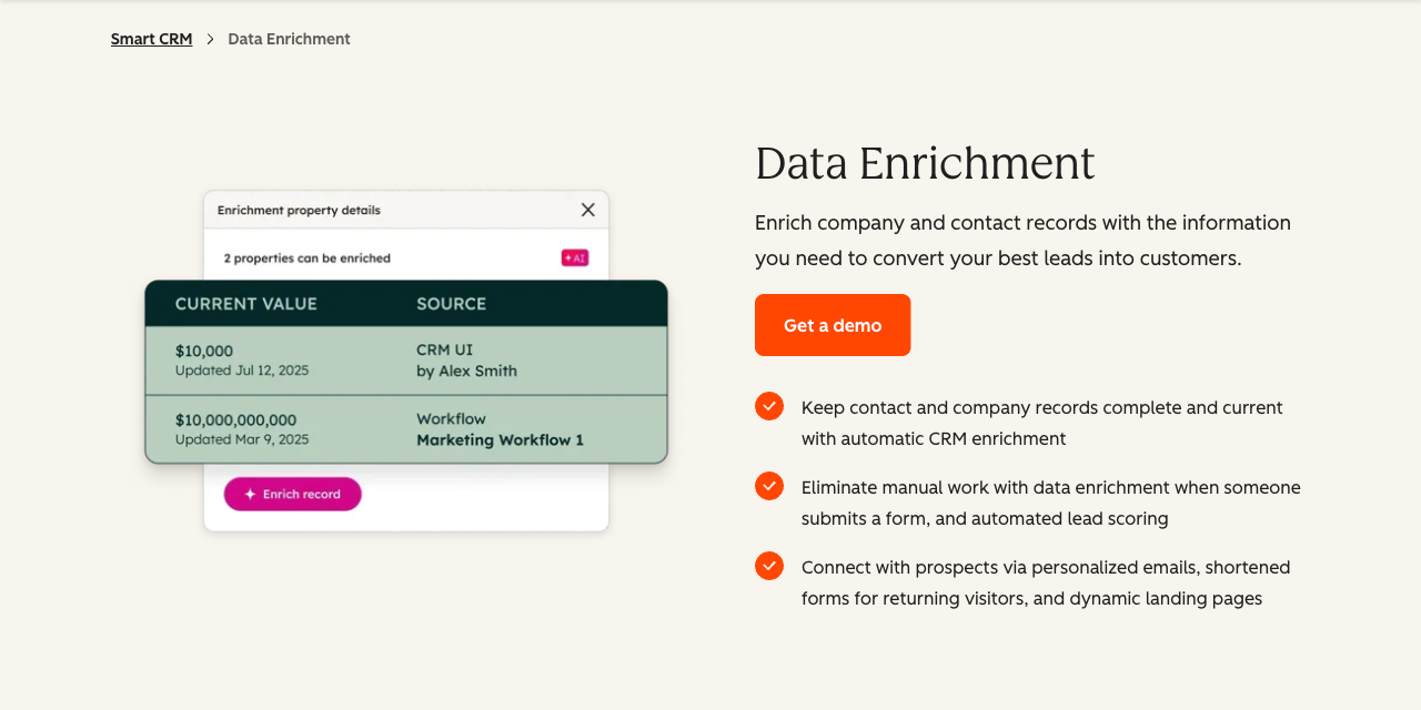 HubSpot's Data Enrichment product page, with the headline "Data Enrichment", the subhead "Enrich company and contact records with the information you need to convert your best leads into customers.", and three checkmarked benefit lines below it.