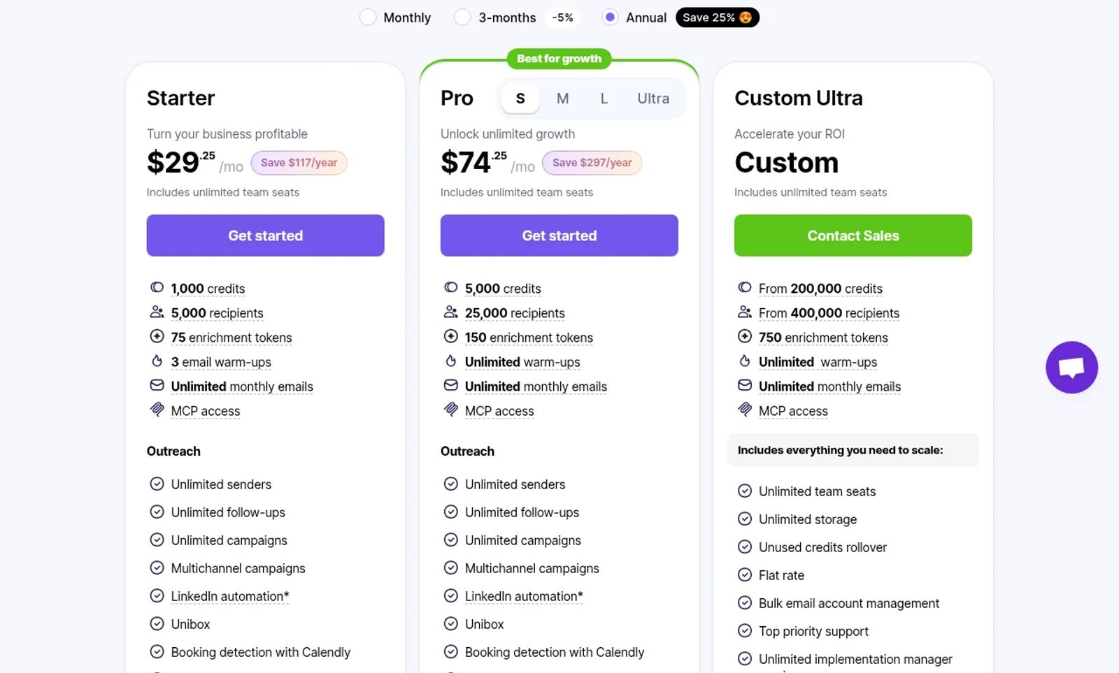 Snov.io pricing page showing the Starter and Pro plans with credits and recipients.