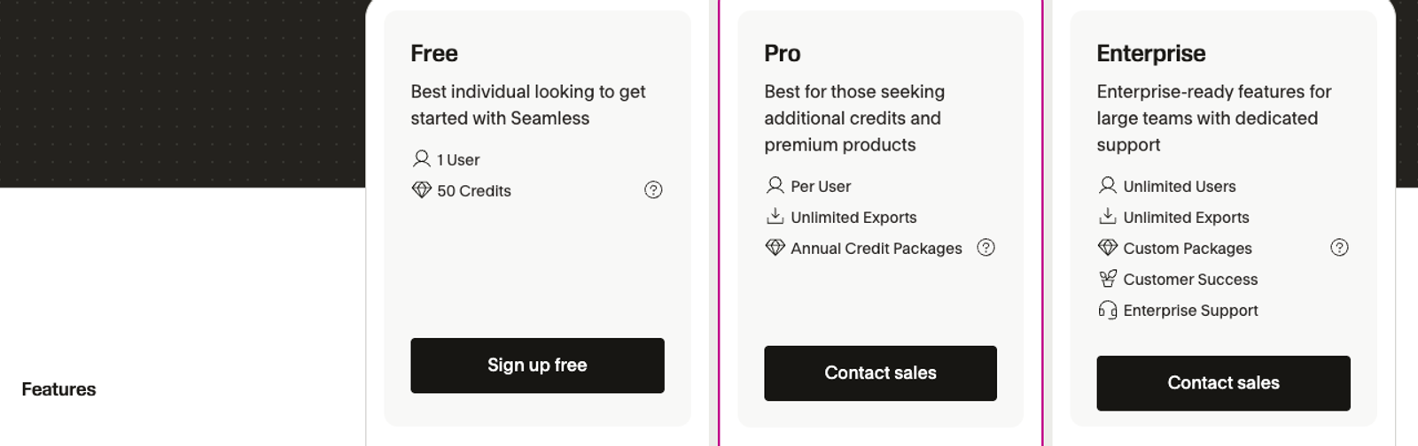 Seamless pricing page showing a Free plan with 1 user and 50 credits, and Pro and Enterprise plans with a Contact sales button instead of a price.