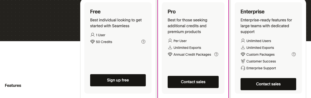 Seamless pricing page showing a Free plan with 1 user and 50 credits, and Pro and Enterprise plans with a Contact sales button instead of a price.