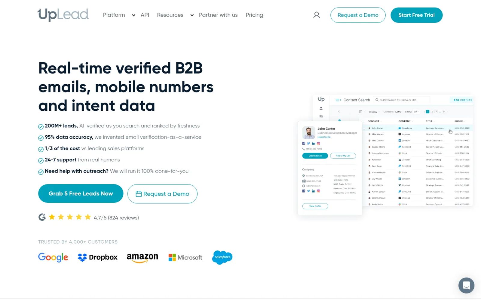 UpLead homepage for its B2B contact database of real-time verified emails and mobile numbers, with a contact search preview