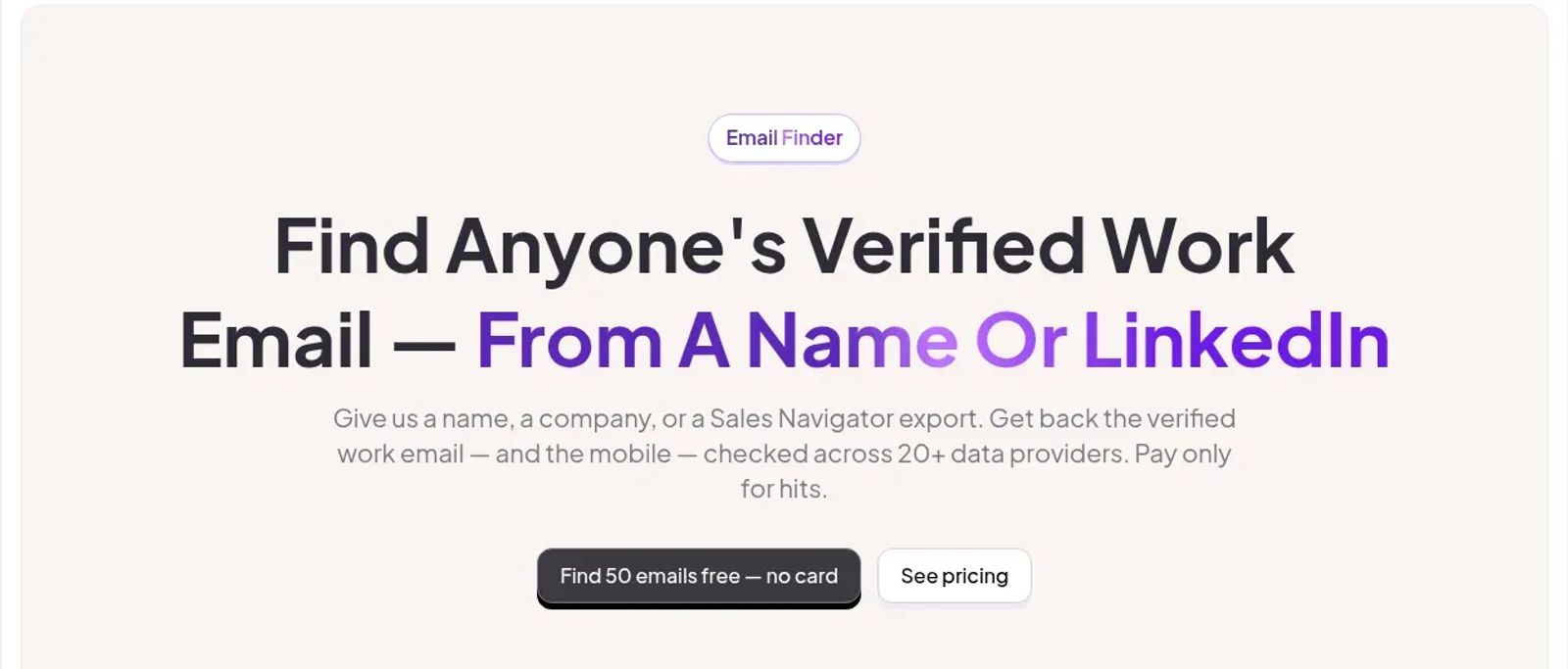 FullEnrich's Email Finder page: find a verified work email from a name or LinkedIn URL, checked across 20+ data providers.