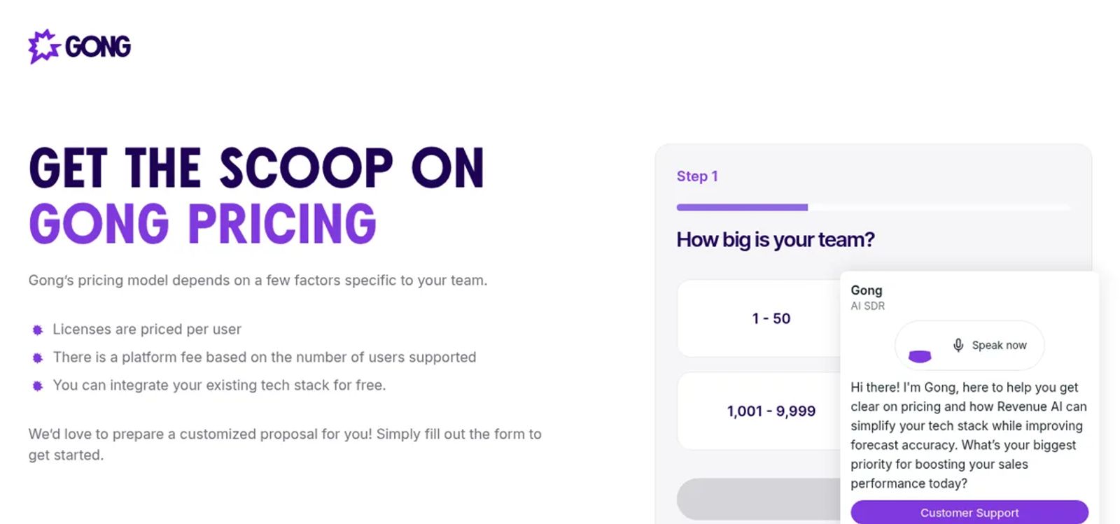 Gong's Get the scoop on Gong pricing page, explaining per-user pricing plus a platform fee, with a team-size form.