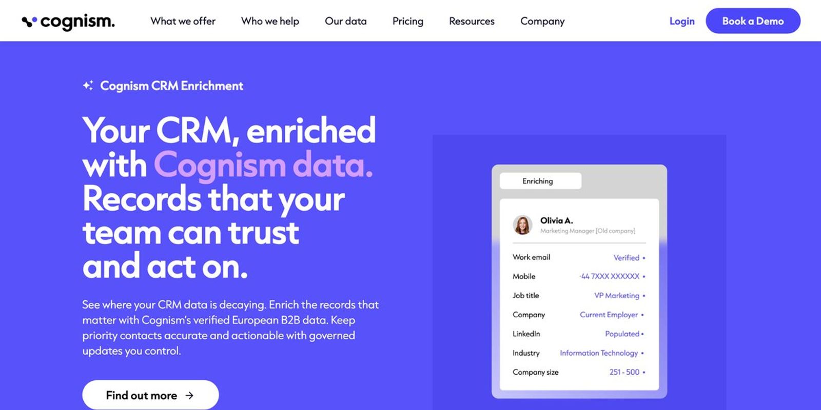 Cognism's CRM Enrichment page promises records your team can trust, citing Cognism's verified European B2B data, next to a sample contact card with work email, mobile and company fields.