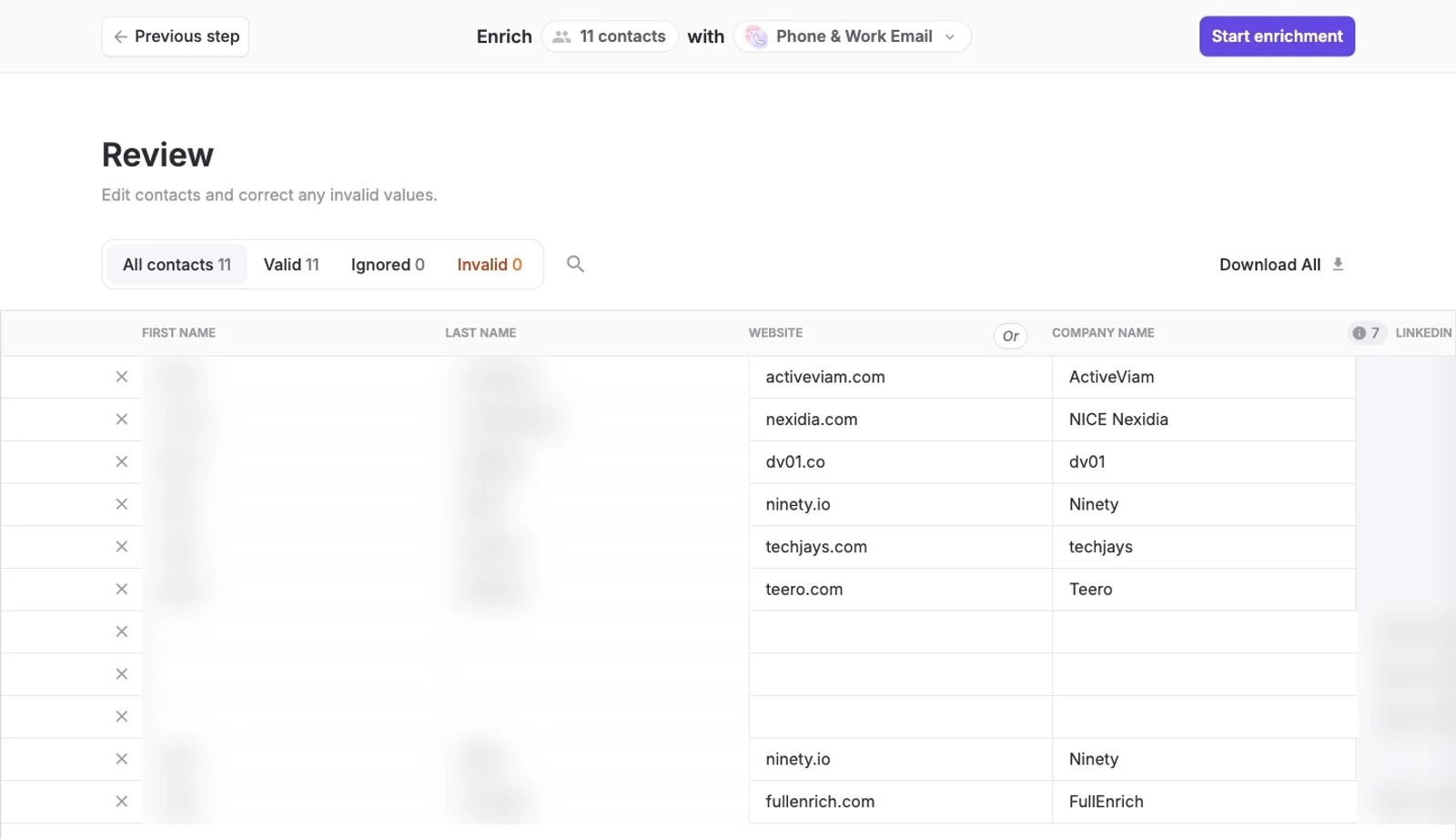 FullEnrich review screen before a CSV enrichment, showing the All contacts, Valid, Ignored and Invalid tabs for an 11-row file