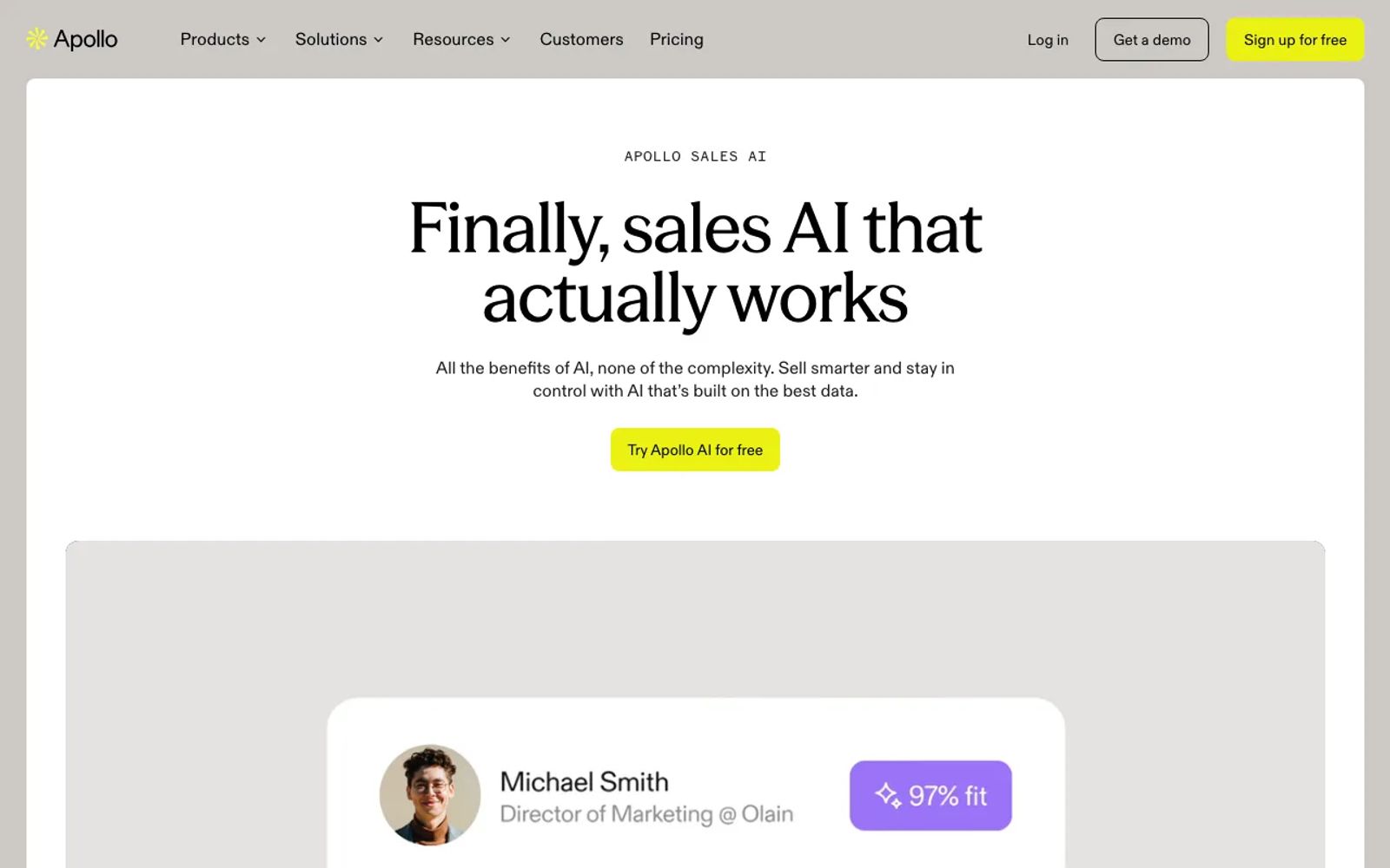 Apollo's AI page, headlined "Finally, sales AI that actually works."