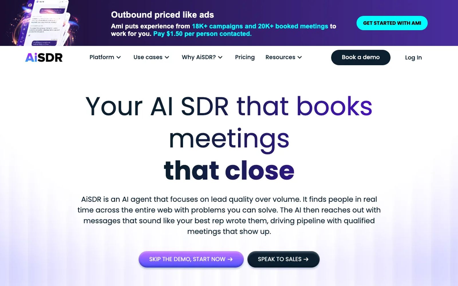 AiSDR's homepage, headlined "Your AI SDR that books meetings that close."