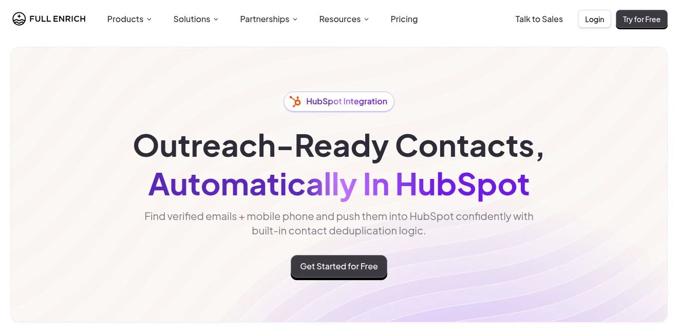 FullEnrich's HubSpot integration page, showing that verified emails and mobile numbers are pushed into HubSpot with built-in duplicate checks.