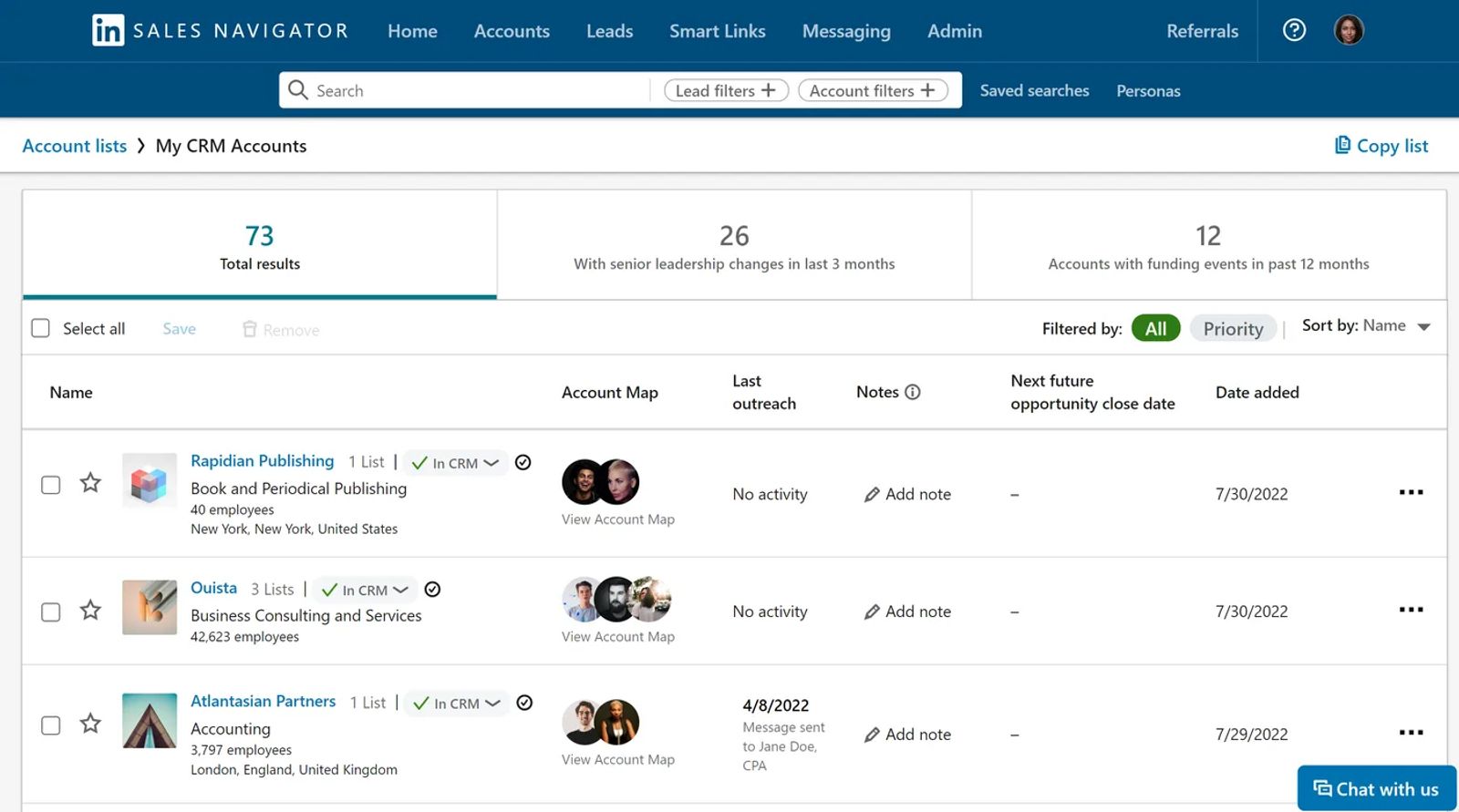 A LinkedIn Sales Navigator account list with lead and account filters