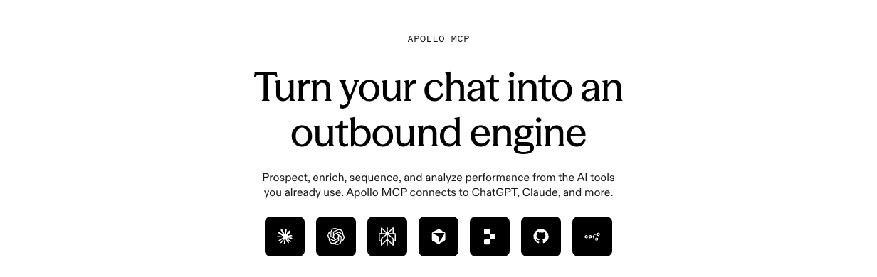 Apollo MCP product page hero reading Turn your chat into an outbound engine, with icons for the AI tools it connects to.